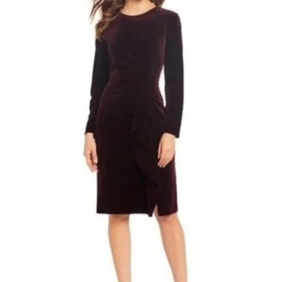 Antonio Melani Velvet Ruffle Sheath Dress Long Sleeve Midi Black 14